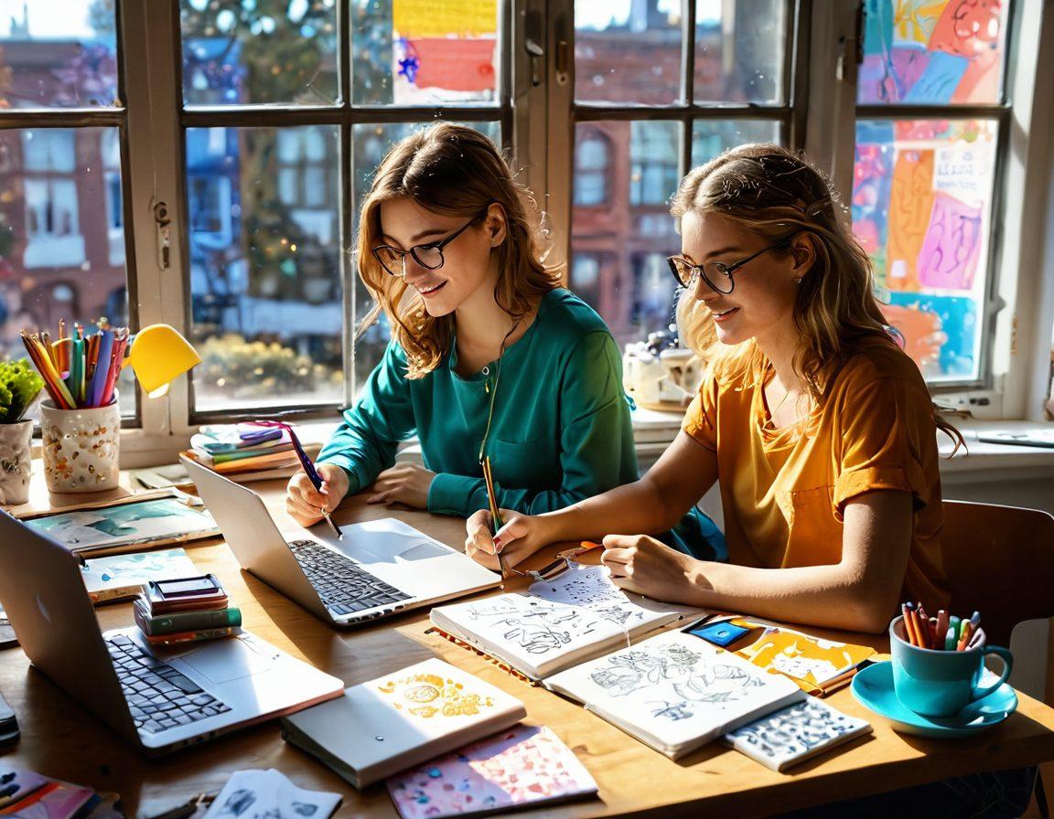 A person sitting at a colorful desk, surrounded by art supplies and a glowing laptop, joyfully writing in a digital diary. Bright sketches and notes fill the background, showcasing imagination and creativity. Soft light filters through a window, illuminating the scene with warmth. Whimsical elements like floating doodles and inspiring quotes enhance the atmosphere. vibrant colors. digital art.