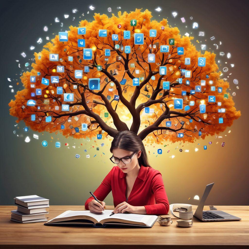 A thoughtful individual surrounded by a bustling digital landscape, holding a pen and notebook with floating e-books and social media icons around them, symbolizing the power of self-publishing. Include elements representing personal growth, such as a blooming tree and lightbulbs symbolizing ideas. The background features a blend of modern technology and books, illustrating the fusion of traditional and digital publishing. vibrant colors. super-realistic. 3D.